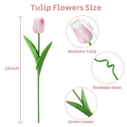 U'Artlines 30Pcs Fake Tulips Artificial Flowers with Stems Faux Tulips Bouquet Real Touch Flower for Wedding Home Kitchen Spring Easter Mother's Day Floral Arrangement Decor (Light Pink) - Thumbnail 4