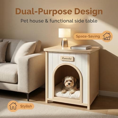 Lumicedar Indoor Dog House for Small Dogs, Solid Cedar Wood Dog House Indoor, Flat-Top Wooden Dog House, Arched Door & Soft Dog Bed, Dog House for Dogs & Cats (Natural, 20.3" D x 20.9" W x 23.6" H) - Thumbnail 3