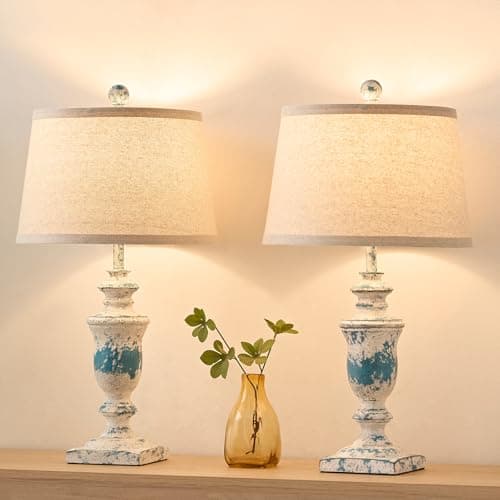 SAIWEYA 23" Farmhouse Table Lamps Set of 2, 3 Way Dimmable Lamps with 2 LED Bulbs and Rocker Switch, Vintage Nightstand Lamp for Bedroom Living Room Office End Table Entryway, Washed Blue - Image 1