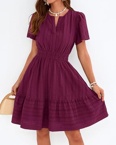 BTFBM Womens Spring 2026 Casual Mini Dresses Lightweight Short Sleeve V Neck Elastic Waist Cute Boho Beach Dress Pockets(Burgundy, X-Large) - Thumbnail 2