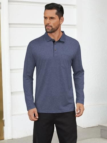 Hardaddy Men's Casual Polo Shirt with Pocket Contrast Color Long Sleeve Business Work Shirts Tees Top Shirt Deep Blue S - Thumbnail 4