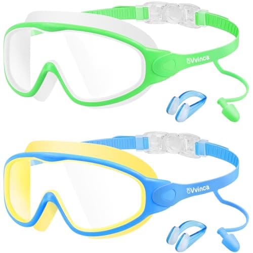 Vvinca Swim Goggles, Kids Goggles with Earplugs& Nose Clip Wide View Anti-Fog/UV Swimming Goggles for Age 3-15 Boys Girls - Image 1