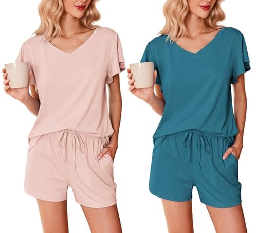 Ekouaer 2 Pack Women's Pajamas Set Soft Ruffle Sleeve Pjs Set Casual V Neck Lounge Set with Pockets,Small,Blue Green/Light Pink - Image 1