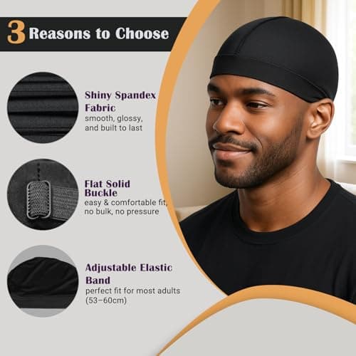 DURALA Adjustable Wave Caps for Men, Premium Elastic Stocking Cap for 360 540 720 Wave (Black+Black) - Thumbnail 4