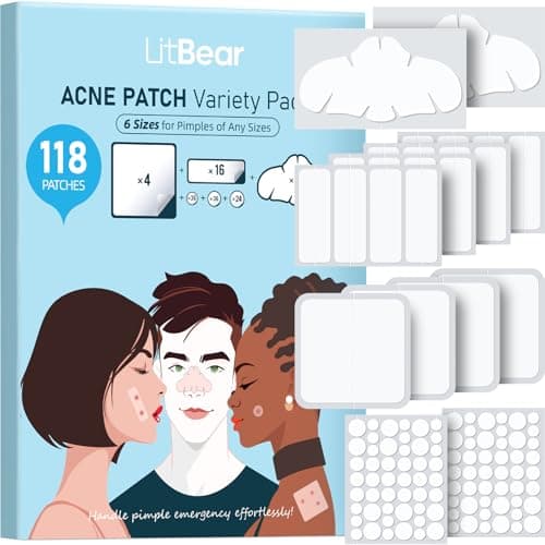 LitBear Large Pimple Patches for Face (6 Sizes 118 Pcs), Big Hydrocolloid Acne Patches, XL Hydrocolloid Bandages for Body, Cheek, Forehead, Chin, Full Face, Back, Nose - Image 1