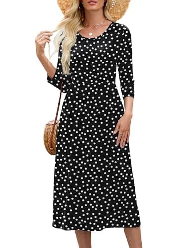 Heymoments Midi Dress for Women Polkadots Black Medium Crewneck 3/4 Sleeves Wedding Guest A line Casual Flowy Swing Party Vintage Spring Fall Winter Travel 2026 Long Dresses with Pocket - Image 1