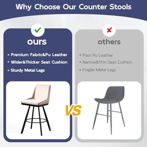 Ollega Bar Stools Set of 2, 26" Counter Height Bar Stools, Upholstered Swivel Barstools with Backs, Loop Yarn Fabric&Pu Leather, Metal Legs for Kitchen Island, Beige&Brown - Thumbnail 6