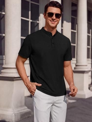 Crastimo Mens Henley Short Sleeve T-Shirt Ribbed Knitted Stretchy Slim Fit Moisture Wicking Soft Texture Fabric 4 Buttons Summer Classic Tee Black XXL - Thumbnail 3