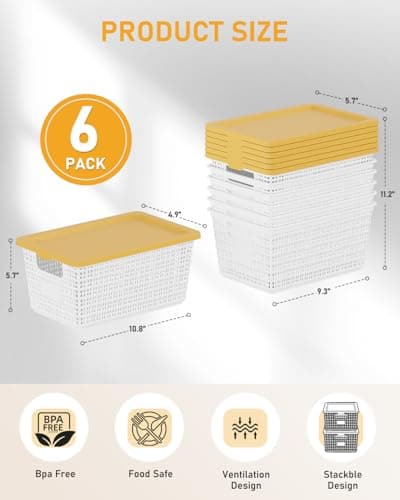 EOENVIVS Storage Bins Bakets with Lids 6 Pack, Stackable Organizer Bins for Small Spaces, Pantry, Closet & Bathroom, Secure Snap Lids, 11x7x5 Plastic Storage Containers for Shelf Organization, White - Thumbnail 2