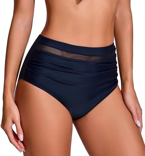 COCOPEAR Sexy High Waisted Bikini Bottoms for Women Ruched Mesh Swim Bottoms for Women Classic Full Coverage Bikini Bottoms Black 2XL - Thumbnail 3