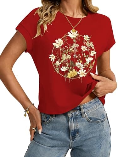 TAKEYAL Graphic Tees for Women Vintage Red Floral Summer Cap Sleeve Tops Tshirts Trendy Medium D Red - Image 1