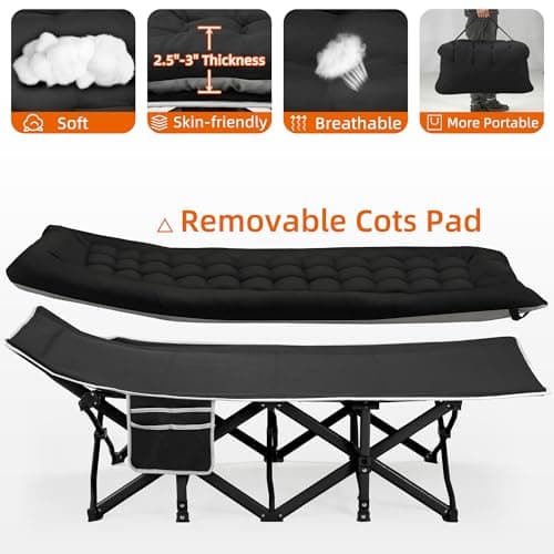 Fragess Portable Camping Cot, Sleeping Cots for Adults, 28" Extra Wide Heavy Duty Folding Cot Max Load 600LBS with Thick Mattress, Portable Camping Bed for Outdoor Camp/Office, Home Nap (Black) - Thumbnail 6