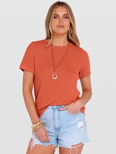 ANRABESS Women's Summer Waffle Knit Tops,Orange,L - Thumbnail 2