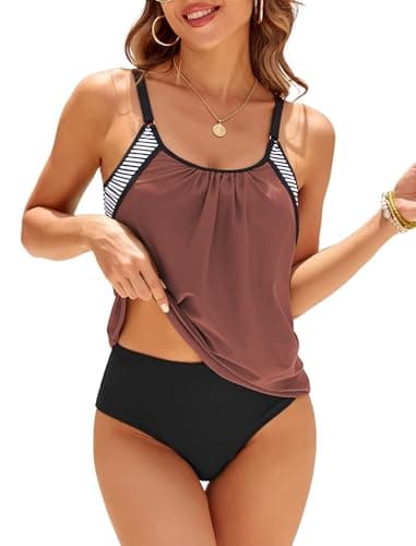 ZAFUL Two Piece Tankini Swimsuit for Women High Waisted Tummy Control Bathing Suit Double Up Tankini Set Leather Pink XXL - Image 1