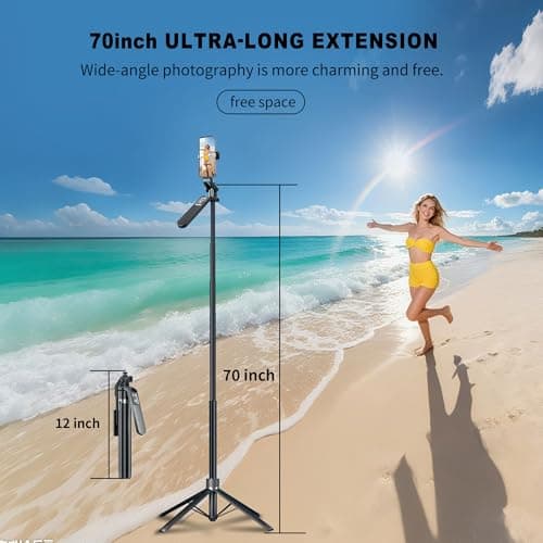 70" Tripod for Phone, Portable All in One Extendable Cell Phone Tripod Stand, Tall Travel Tripods for Recording Video Selfies Photo, with Wireless Remote Control for iPhone、Samsung、Android - Thumbnail 2