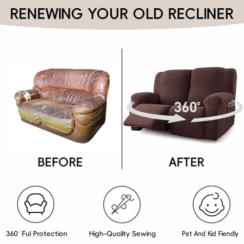 Cushonix Recliner Loveseat Covers,4-Piece Stretch Geometric Strokes Jacquard Reclining Chair Slipcovers,Furniture Protector with Side Pocket,Soft Breathable Couch Cover,2 Seater Chocolate - Thumbnail 6