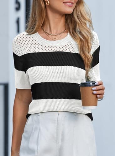 Dokotoo Womens Crewneck Tops Summer Casual Color Block Short Sleeve Blouses for Women 2026 Fashion Striped Knit Tops for Women Trendy T-Shirts Top White Medium - Thumbnail 2