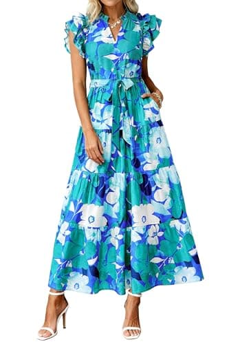 dowerme Women Summer Maxi Dresses 2026 Ruffle Sleeve V Neck Floral Boho Long Dress Belted Tiered Sundress with Pockets(Floral Blue Green,Small) - Image 1