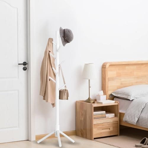 Aliphon Wooden Coat Rack Stand, Freestanding Coat Rack with 8 Hooks, 3 Adjustable Size Coat Tree for Hats, Coats, Scarves bags, Coat Hanger Stand Used in Bedroom/Office/Entryway （White） - Thumbnail 3