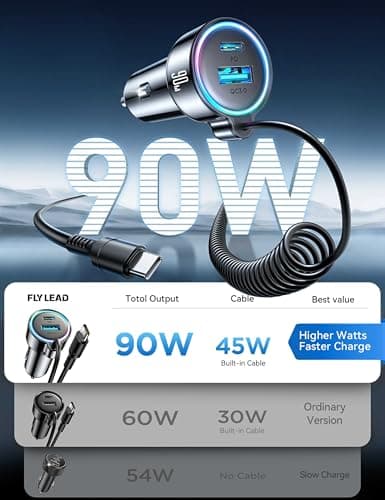 USB C 90W Car Charger for iPhone 17/16 Pro Max, PD & QC3.0 w/5 ft 45W Type Coiled Cable, Fast Car Phone Charger Adapter for iPhone 17Air/15 Pro, Samsung Galaxy S26/S25/S24, Pixel 10/LG/Android, iPad - Thumbnail 2