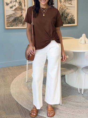 Cicy Bell Womens Summer Short Sleeve Tops Casual Crew Neck T-Shirts Loose Fit Twist Front Basic Tees Coffee - Thumbnail 3