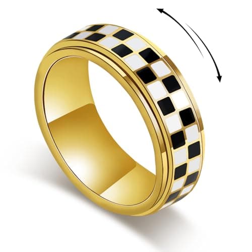 Checkerboard Fidget Ring for Men - 8mm Unique Black and White Checkered Anxiety Spinner Jewelry for Adults, Stainless Steel Roating Ring for Stress Relief, Modern Jewelry Gift for Men Women (Gold, 8) - Image 1
