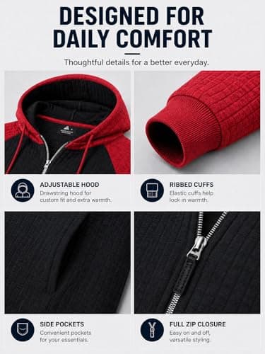 Men's Lightweight Casual Hoodie Full Zip Up Long Sleeve Waffle Knit Hood Sweatshirt Drawstring Jacket with Pocket - Thumbnail 5