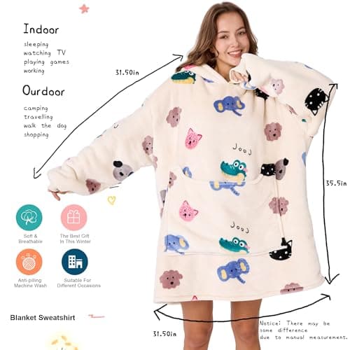 Aemilas Wearable Blanket Hoodie Gifts for Women and Men, Comfy Sherpa Hoodies Blankets Sweatshirt for Adult Teens Girls & Boys with Big Pocket, Cartoon Animal Print - Thumbnail 4