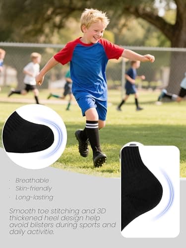 Hryrbay 4 Pairs Kids Cotton Soccer Socks Cushion Striped Baseball Uniform Boys World Cup Sock Toddler Girls Knee High Socks (Black,6-9 Years) - Thumbnail 5