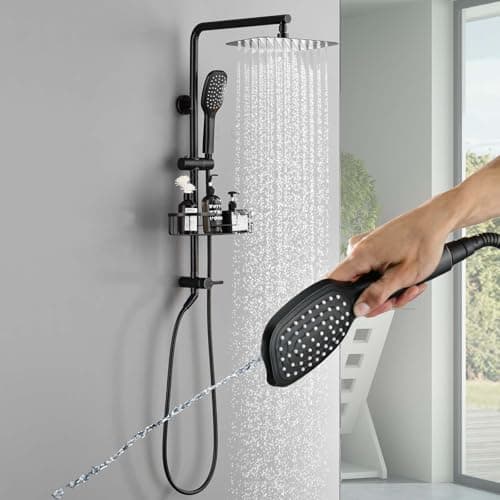 SonTiy 12 Inch Rainfall Shower System with Handheld Spray, High Pressure Rain Shower Head with Jet Spray, Luxury Bathroom Shower Fixtures with Adjustable Slide Bar & Shower Caddy, Oil Rubbed Bronze - Image 1