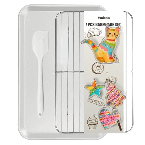 Ymiton 7PCS Nonstick Baking Sheet Set - 10x15in Jelly Roll Pan with Wire Rack, Silicone Spatula & 4 Cookie Cutters, Thickened Carbon Steel, Oven Safe 450°C, Salted Gray - Image 1