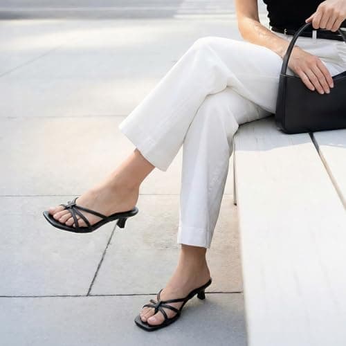 Athlefit Black Kitten Heels for Women Square Toe Summer Low Heels Slip On Flip Flop Strappy Heeled Thong Sandals Size 9 - Thumbnail 3