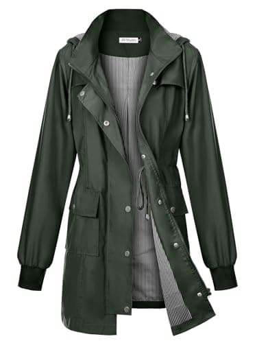 PITINAN Raincoat For Women Long Windbreaker Jacket Womens Rain Coat with Hood Outdoor Waterproof Trench Coat Lined Rain Jacket Women Waterproof Dark Green S - Image 1