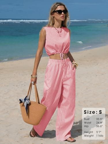 EXLURA Womens 100% Cotton 2 Piece Outfits Stripe Drawstring Crop Tank Tops Wide Leg Pant Sets Faux Linen Summer Cruise Beach - Thumbnail 3