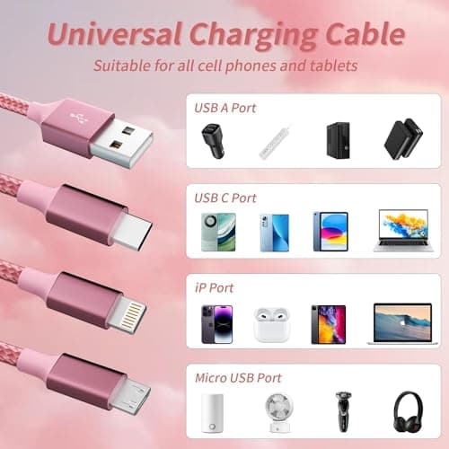 Multi Charging Cable, 3 in 1 Charging Cord for Multiple Devices, USB Cable Universal Charger with Type-C/IP/Micro USB for iPhone17-12/Android/Pad and More, Car Charger Travel Essentials(2Packs 4FT) - Thumbnail 5