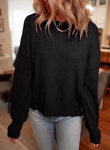 Dokotoo Oversized Sweaters for Women Crewneck Crop Ribbed Knit Tops Solid Color Patchwork Fall Winter Business Casual Pullover Sweater Trendy Black Large - Thumbnail 4