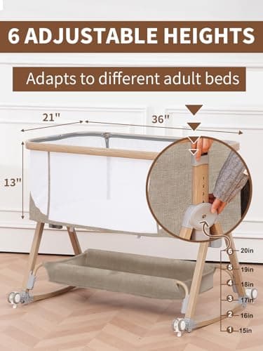 Jestonten Baby Bassinet, Bassinet Bedside Sleeper with Waterproof Bassinet Sheets and Soft Mattress, Safe Adjustable Height Bedside Bassinets with Wheels, Girl/Boy Bassinets, Khaki - Thumbnail 5