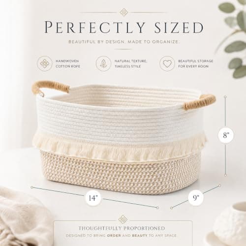 BUBUSUN Woven Baskets, 3-Pack Storage Basket for Living Room, Bedroom, Nursery, Stylish Gift Basket with Handles, Cotton Rope Basket for Toys and Shelves, Multi-Purpose Organizer (White/Brown) - Thumbnail 4