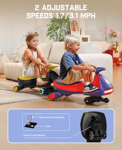 FanttikRide N7 Classic Electric Wiggle Car with Pedal, Rechargeable Battery, Ride on Toys, Swing Car, 2 Speeds, Anti-Rollover, Flashing Light Wheels, Bluetooth, for Ages 3 and Up, 150 Lbs, Yellow - Thumbnail 6