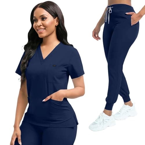 YEZEX Scrubs for Women Set, Women's V-Neck Top & Jogger Scrub Pants, Nursing Uniform Scrubs Set with 8 Pockets, for Nurse Esthetician Workwear (Dark Blue) - Image 1