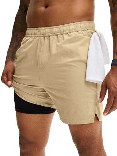 Comdecevis Mens Gym Shorts Quick Dry 5 Inch Inseam Short 2 in 1 Lightweight Gym Shorts for Swim Khaki S - Thumbnail 2