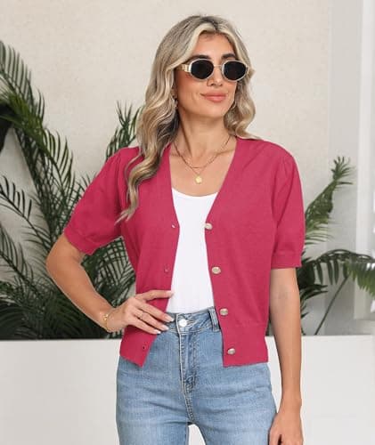 COSSEN Women's Cardigan Sweaters Rose Red X-Large V Neck Bolero Crop Coat Crochet Button Down Short Sleeve Short Tops Trendy Open Front Lightweight Jacket Summer Knit Cropped Shrug for Dress - Thumbnail 5