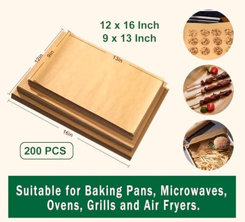 Yarmchahk 200pcs Unbleached Parchment Paper Sheets, 9x13In Precut Cooking Paper Liners for Baking Sheets, Air Fryer, Microwave, Grilling, Oven, Non-Stick,Non-Toxic, Oil Proof, Food Grade - Thumbnail 3