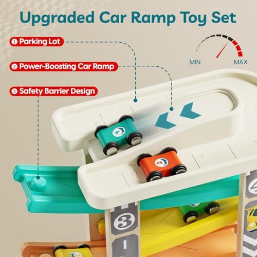 TOP Bright Toddler Wooden Race Track Car Ramp Toys for 1 2 Year Old Baby Motor Skills Race Tracks Car Ramp Vehicle Playsets with 4 Mini Cars and 1 Car Garage - Thumbnail 3