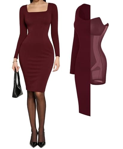 Popilush Plus Size Dresses Long Sleeve Cocktail Red Square Neck Midi Dress Shapewear Tummy Control Bodycon Dress Party Evening Built in Bra - Image 1