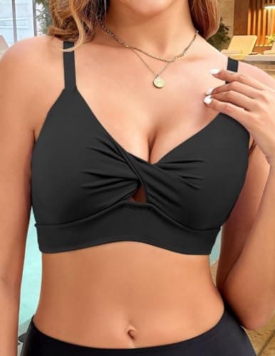 VIAURBE Women Plus Size Bikini Top - Twist Front Swimsuit Top Push Up Full Coverage Bathing Suit 2026 Swim Bra Black XL - Thumbnail 2