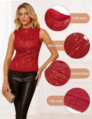 Vest Crop Cami Sleeveless Glitter Shirts Party Sparkly for Women Shimmer Club Top Sequin Tank Tops Red X-Large - Thumbnail 4