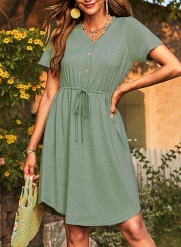 Dokotoo Womens Dresses Spring Summer Outfits Drawstring Waist Cute Babydoll Tunic Dress Casual Short Sleeve Mini Dress Holiday Dress Sundress Shift Dresses Plus Size Smoke Green Dresses for Women S - Thumbnail 4