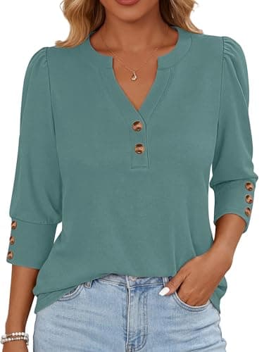 ANRABESS Womens Tops 3/4 Sleeve Casual Henley Shirts V Neck Buttons Dressy Work Business Blouses 2026 Spring Trendy Clothes Large Gray Green - Image 1