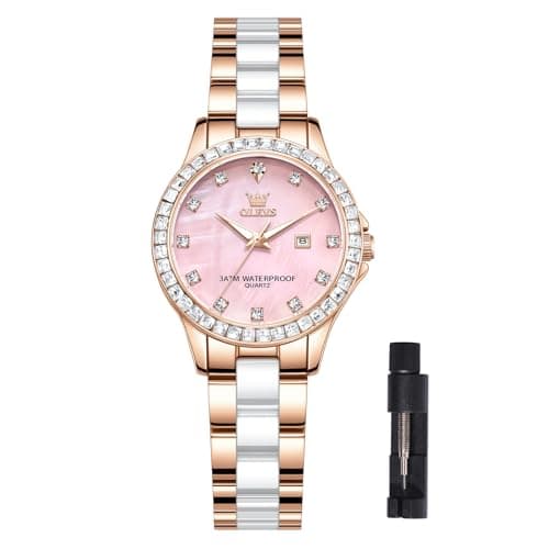 OLEVS Women's Rose Gold Watch for Women Water Resistant Watches Quartz Day Date Ceramic Stainless Steel Band Luxury Pink Mother of Pearl Diamond Dial Elegant Ladies Dress Wrist Watch Gift for Her - Image 1
